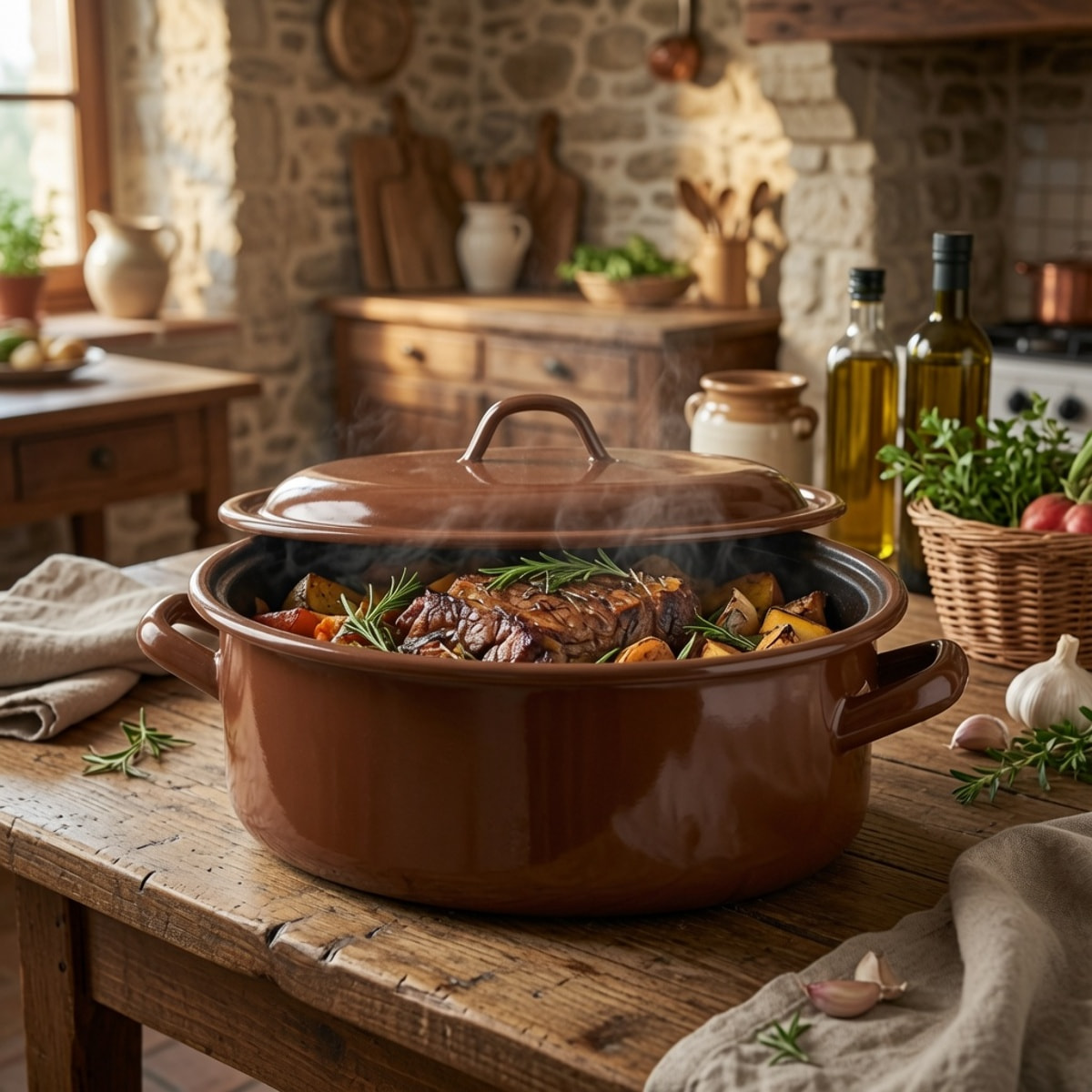 Cacerola teja de acero esmaltado ideal para guisos y cocina tradicional