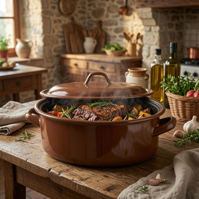 Cacerola teja de acero esmaltado ideal para guisos y cocina tradicional