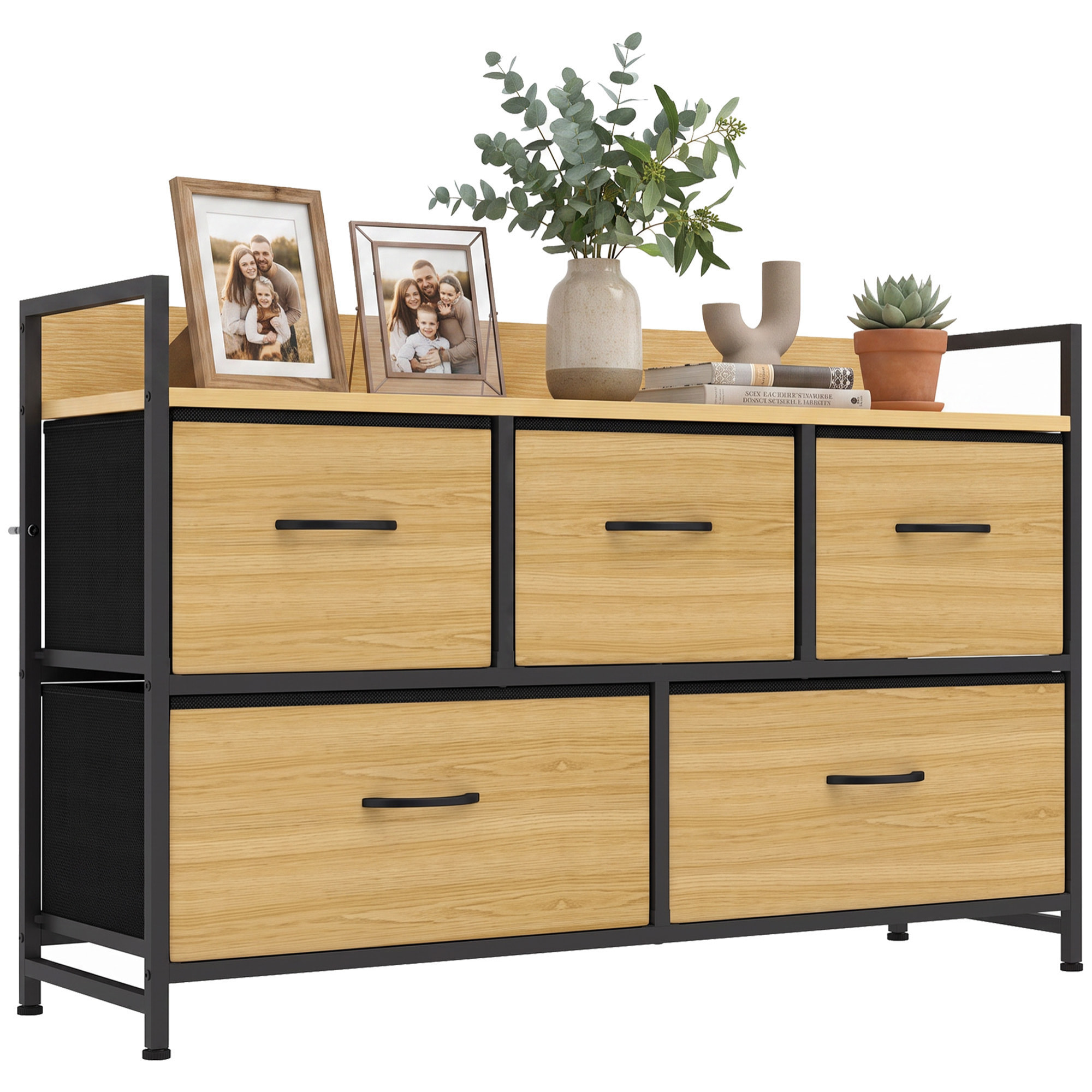 Mueble Organizador Cajonera de Tela con Cajones Plegables Estante Abierto y Marco de Acero Estilo Industrial para Salón Recibidor Dormitorio 98x29x63 cm, Roble