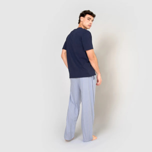 Pigiama lungo di cotone a maniche corte con righe blu scuro.