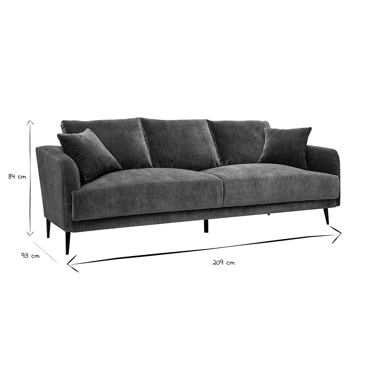 Canapé design 3 places en tissu effet velours vert kaki et métal noir JERRY
