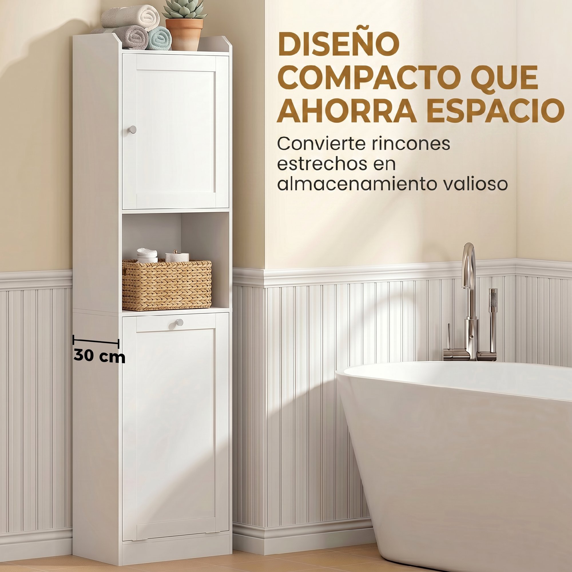 Armario Alto de Baño con Cesto Ropa Sucia, Mueble de Baño Estrecho con Compartimentos Abiertos y Estantes Ajustables, para Espacios Pequeños, 40x30x170 cm, Blanco