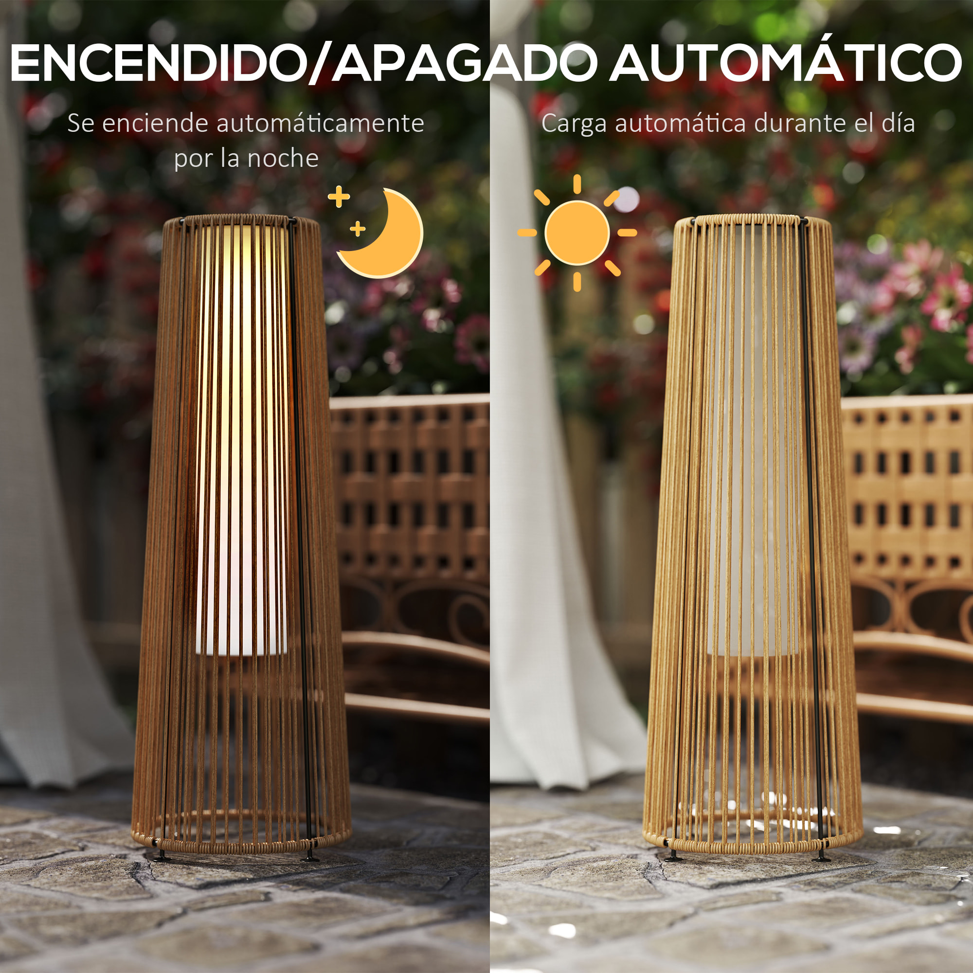 Linterna de Jardín de Ratá¡n Sintá©tico Farola Solar Exterior con Luces LED Encendido y Apagado Automá¡tico Impermeable para Terraza Balcón Patio Ø21,5x61 cm Natural