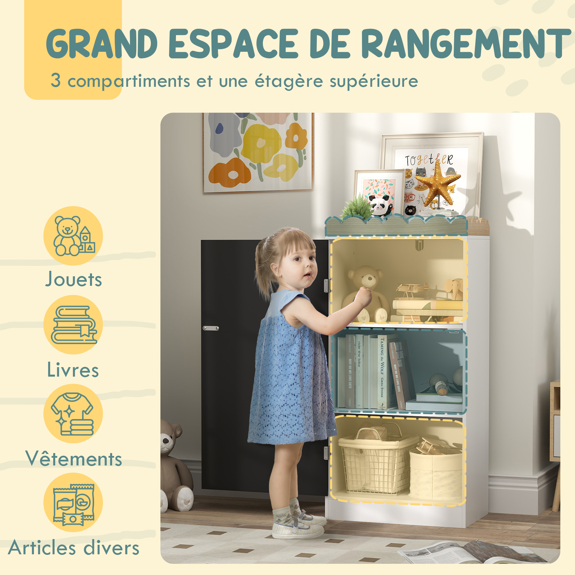 Armoire enfant design nuage - porte tableau noir 2 en 1 - 2 étagères, plateau - blanc aspect bois