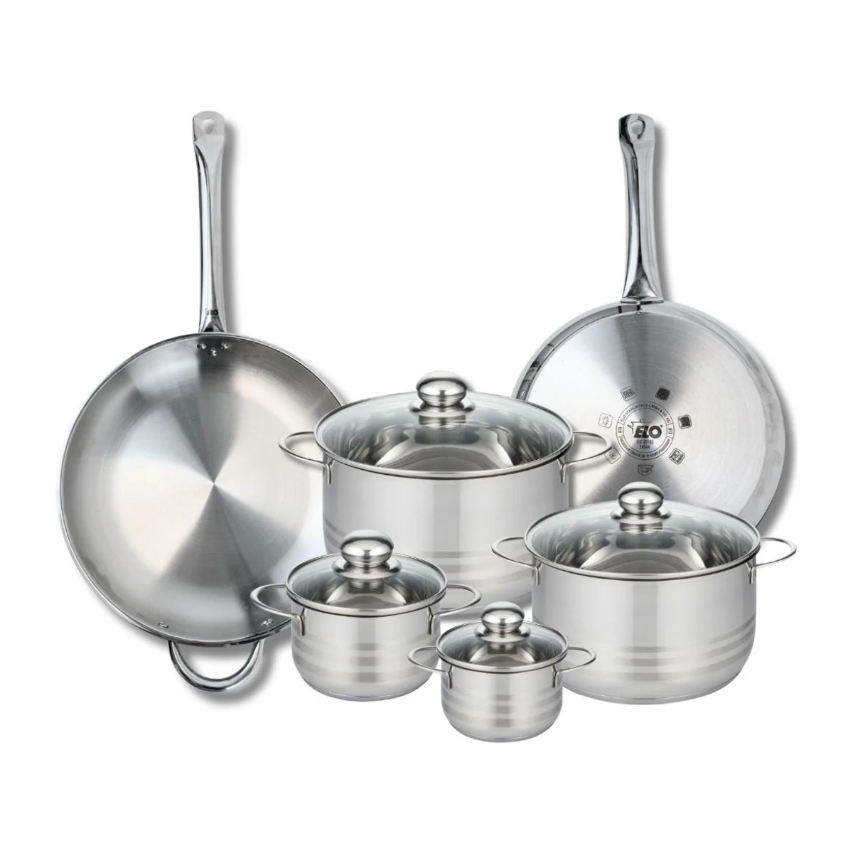Ensemble de 2 Poêles de cuisson 28 et 32 cm et 4 faitouts 12, 14, 20 et 24 cm Elo Profi Brillant