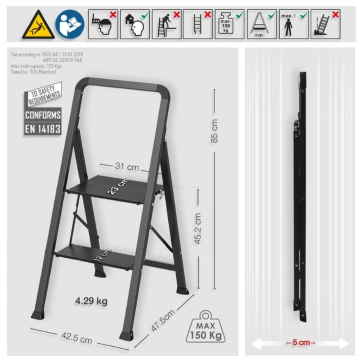 Escabeau 2 marches pliant anti-dérapant en Acier - Max 150kg (47,5x42,5x85cm) Noir mat MSV