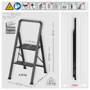 Escabeau 2 marches pliant anti-dérapant en Acier - Max 150kg (47,5x42,5x85cm) Noir mat MSV