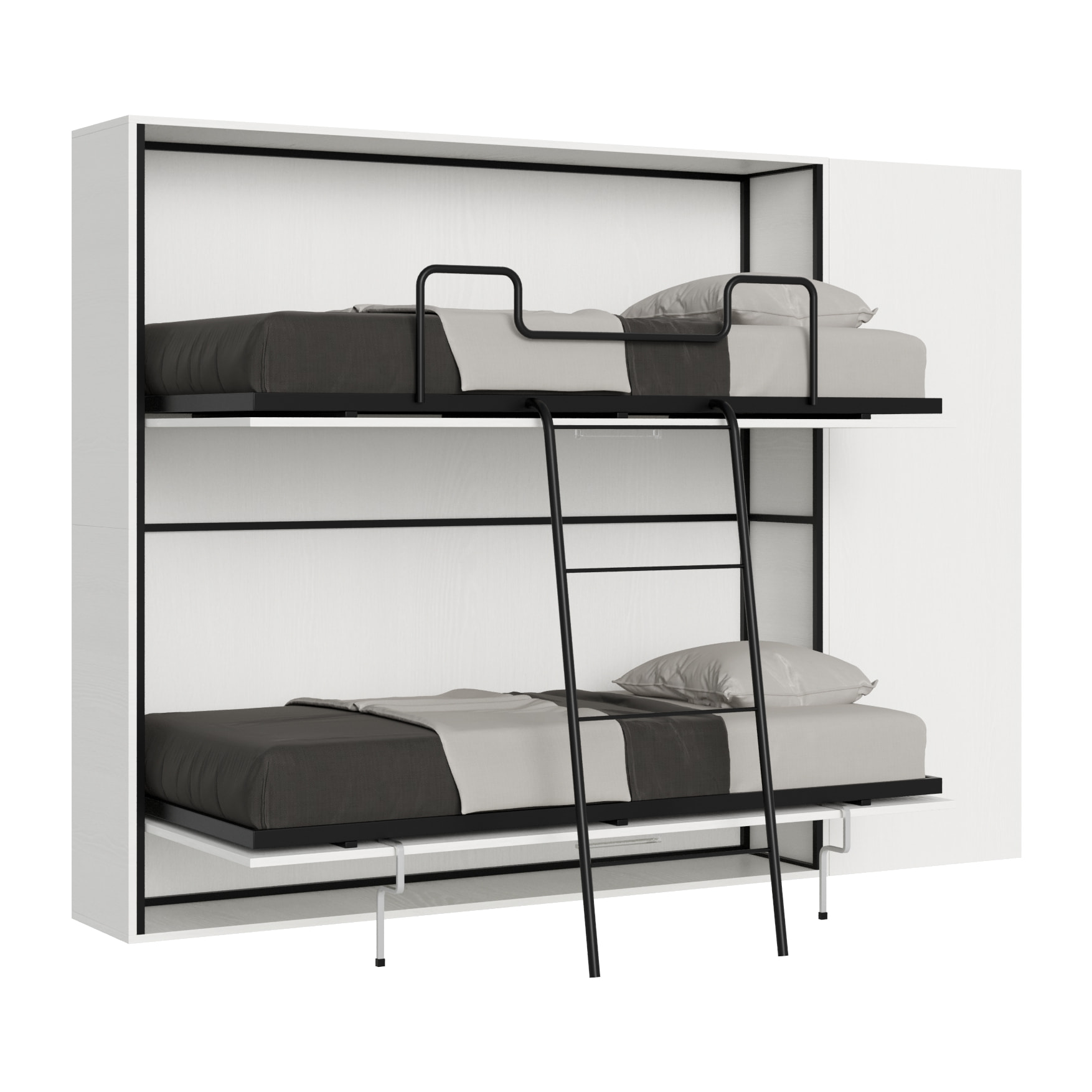 Armoire lit escamotable horizontal superposé 2 couchages 85 Kando avec matelas composition H Frêne Blanc