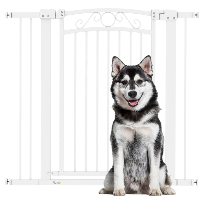 Barrera para Perros Puerta para Perros con Ancho Ajustable 76-104 cm Barrera de Seguridad para Perros con 2 Extensiones y Doble Bloqueo para Escaleras y Puertas Blanco