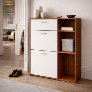 Scarpiera Mobile Portascarpe Salvaspazio Ingresso Con 2 Ribalte Doppia Profondità 1 Cassetto 3 Vani A Giorno 90x101.5x26 Cm Bianco Noce