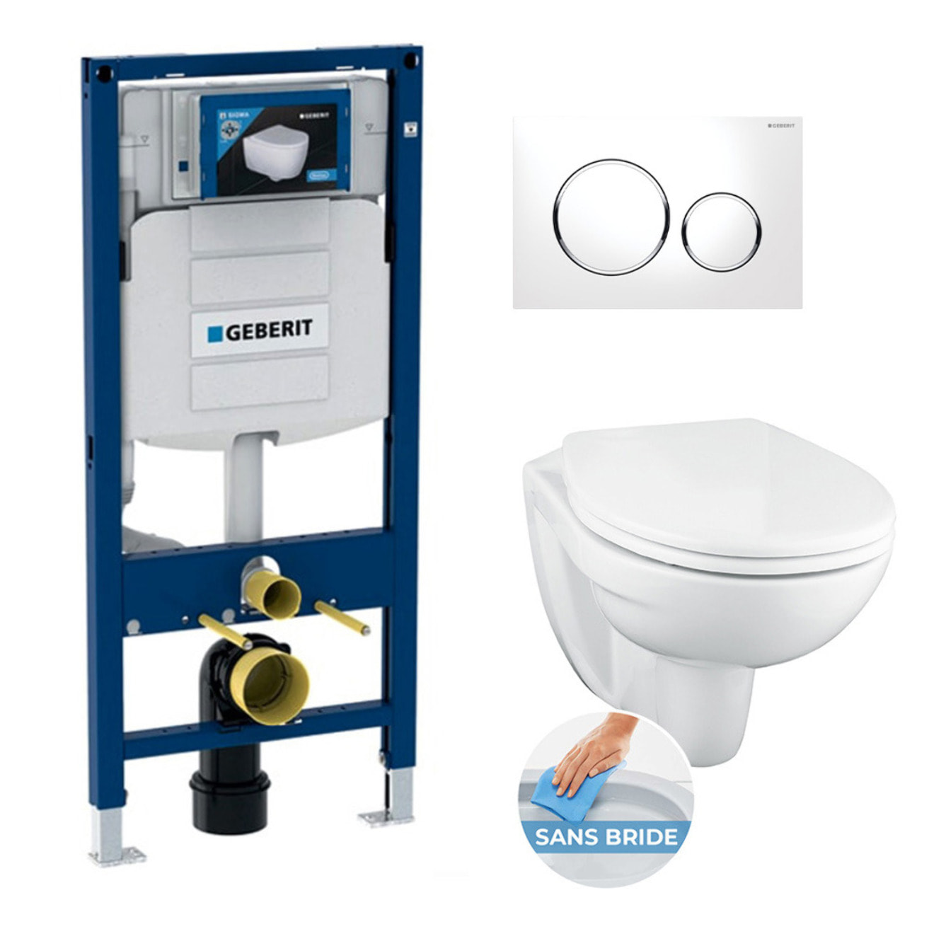 Pack WC Bati Geberit  Duofix + WC suspendu Porcher sans bride + abattant Eurovit + Plaque de commande blanche/chrome (GebPorcher