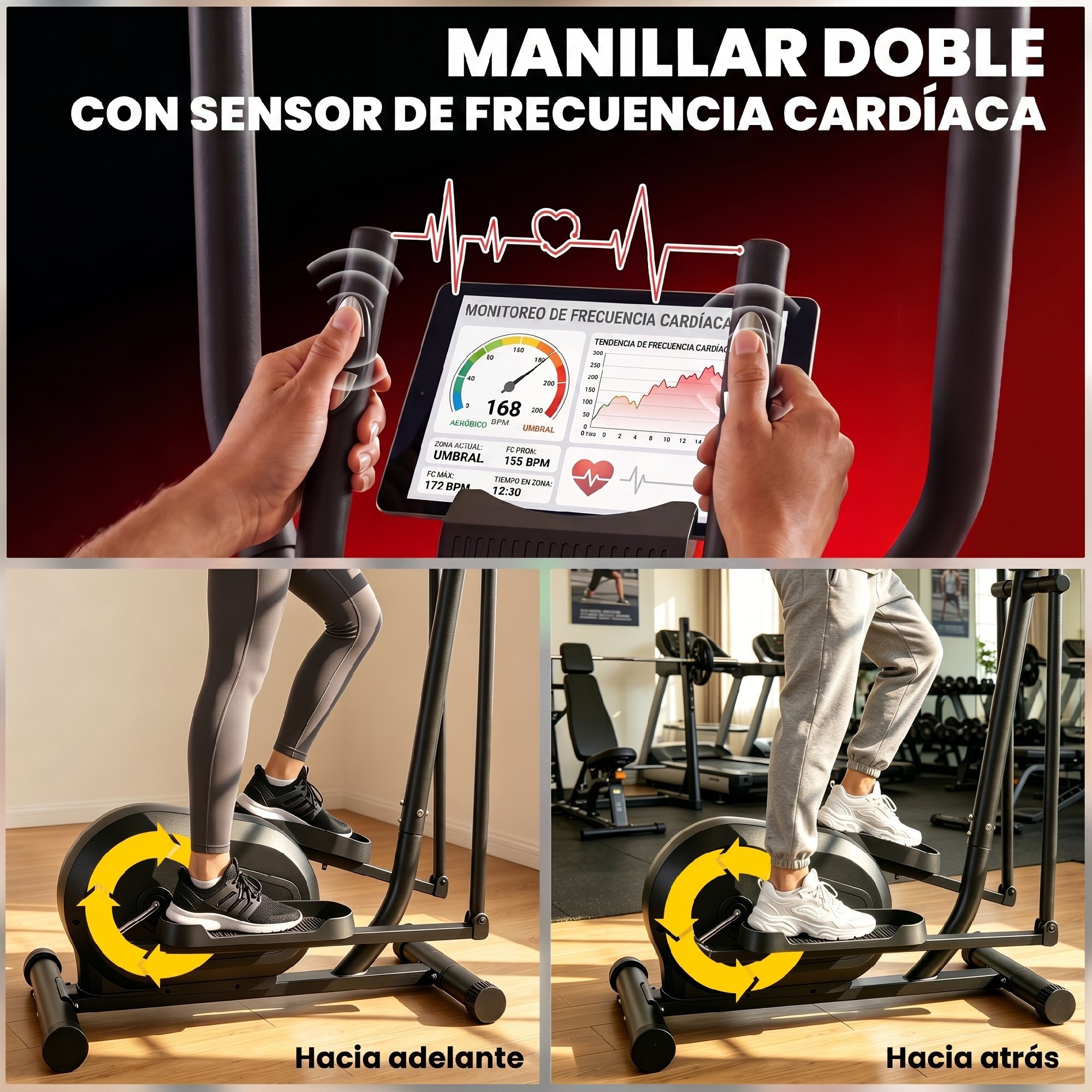 Bicicleta Elíptica para Casa, Máquina Elíptica Silenciosa con Bluetooth Compatible con App, 8 Niveles de Resistencia Magnética, Monitor LCD y Sensor de Pulso, Ruedas, Carga 120 kg