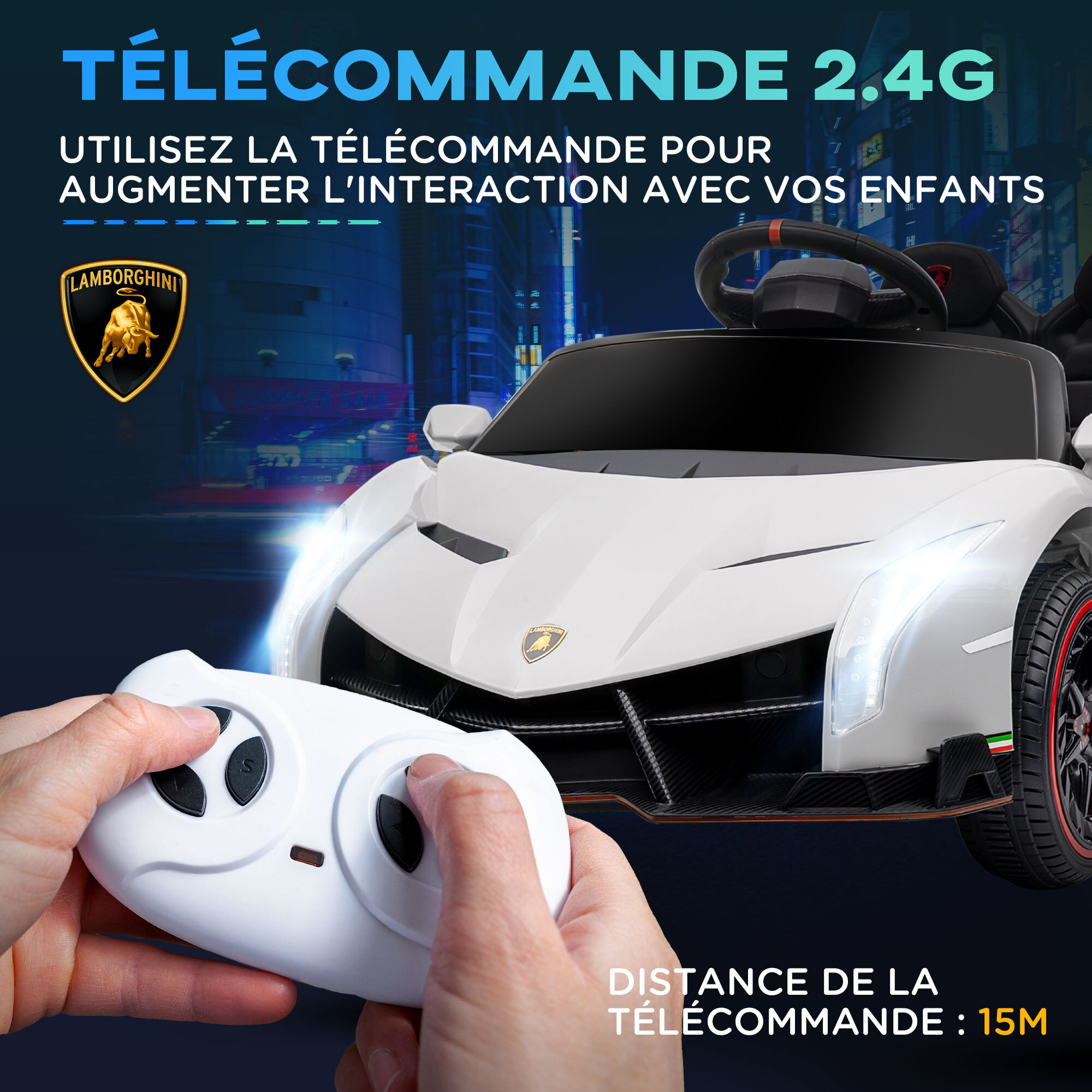 Voiture électrique enfant licence Lamborghini Veneno V. max. 7 Km/h télécommande ouverture portes MP3 USB effets sonores lumineux blanc