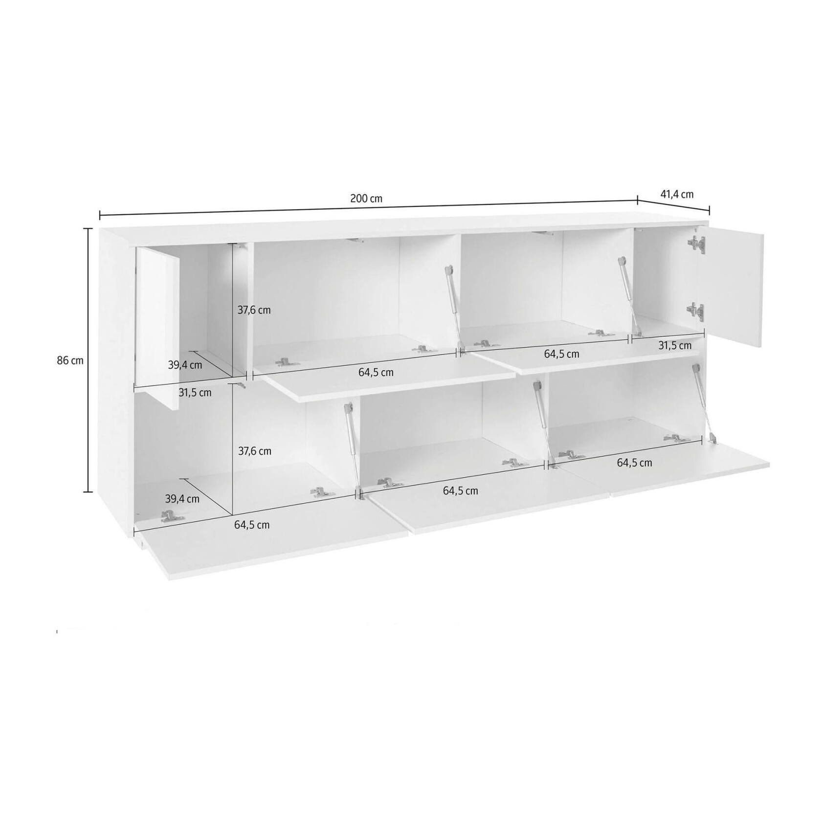 Credenza Virginio, Madia da cucina a 7 ante, Buffet da soggiorno, 100% Made in Italy, cm 200x41h86, Bianco lucido