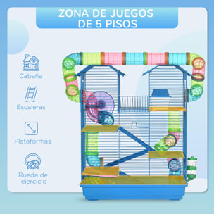 Jaula para Hámster Hábitat para Animales Pequeños de Múltiples Niveles con 4 Plataformas Bebedero Rueda de Ejercicio Escaleras Sistema de Tubos 47x30x59 cm Azul