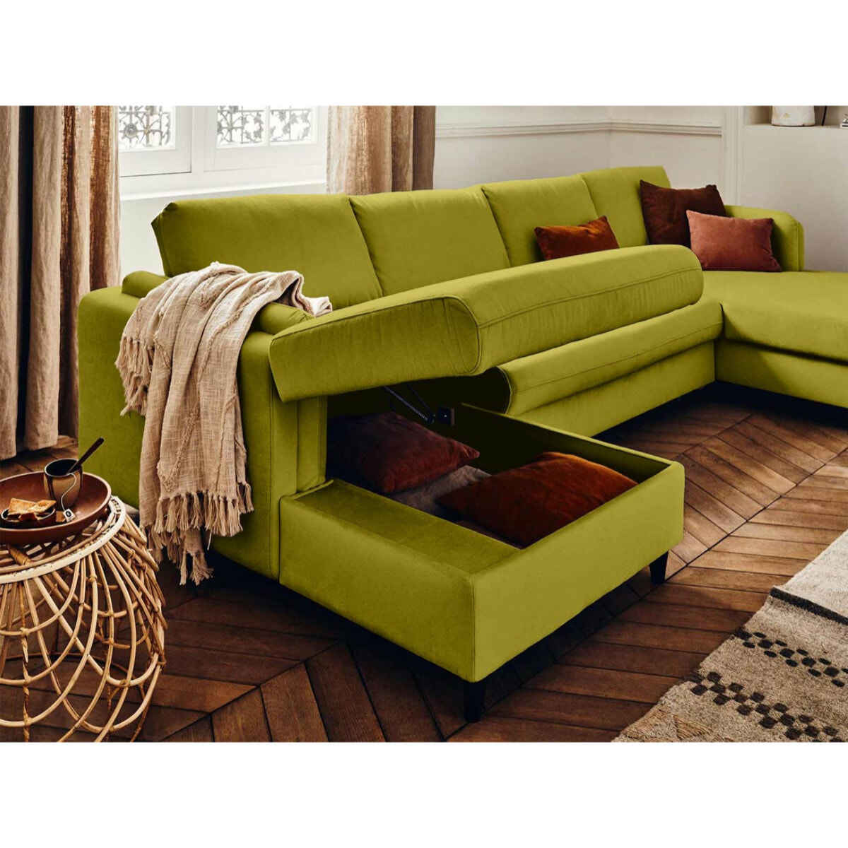 Brooke - canapé panoramique en U - 7 places - convertible avec coffre - en velours - Vert Olive