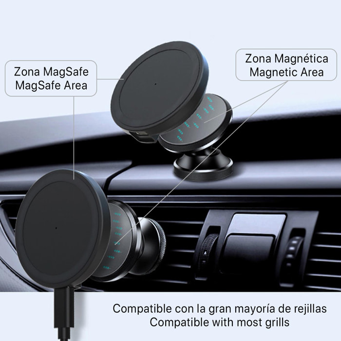 Supporto magnetico, compatibile con iPhone12, con caricabatteria da auto a ricarica rapida wireless Qi. Funzione caricabatterie da tavolo universale Qi.