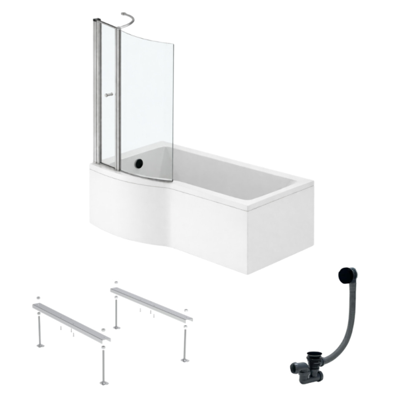 Pack baignoire bain douche 150 x 80 cm gauche Connect Air + tablier + pare bain avec volet  + pieds + vidage Noir