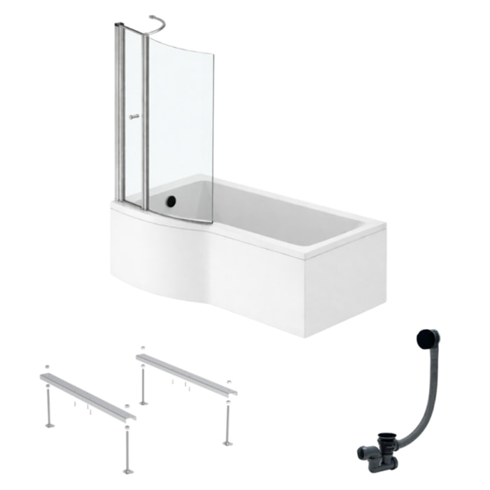 Pack baignoire bain douche 150 x 80 cm gauche Connect Air + tablier + pare bain avec volet  + pieds + vidage Noir