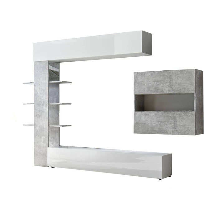 Parete attrezzata Aragosta, Composizione soggiorno, Mobile salotto multiuso, Armadio porta TV, Made in Italy, 295x30 h187 cm, Bianco lucido e Cemento