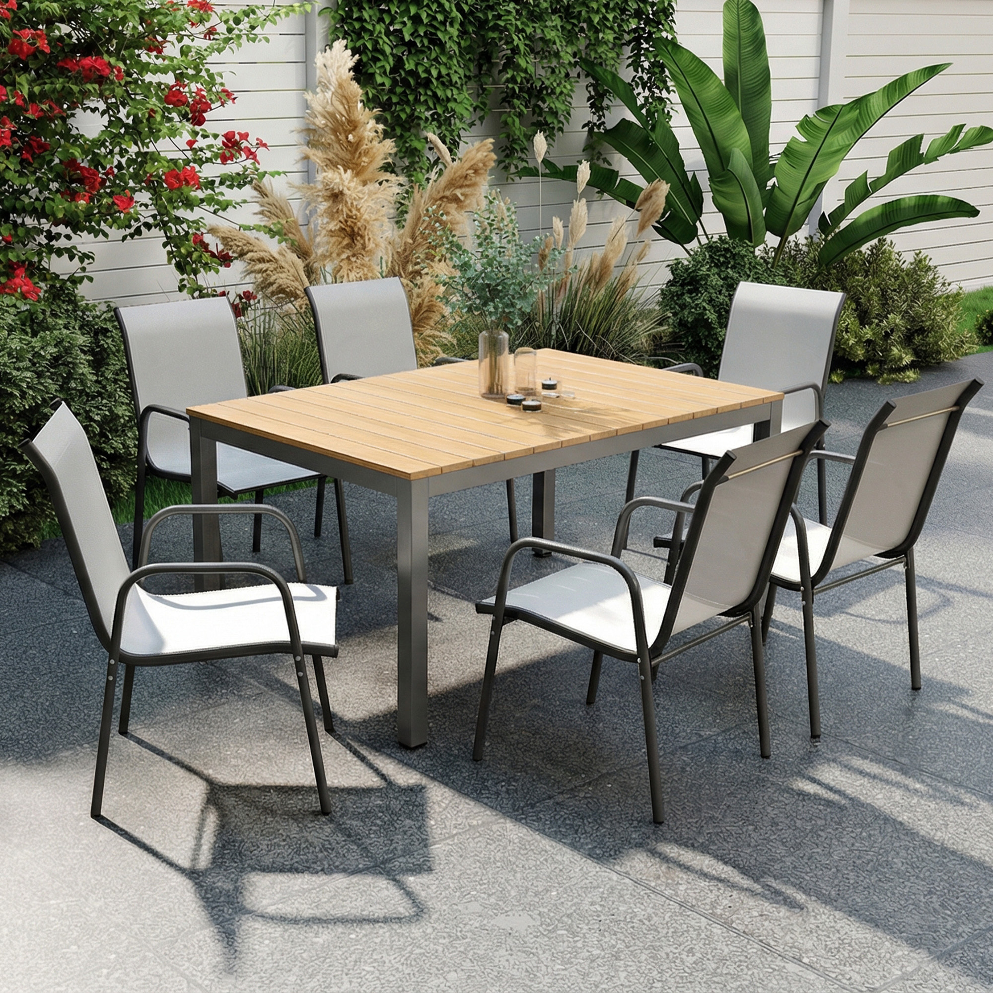 Juego de 6 Sillas de Jardín Exterior Apilables, Sillas Terraza Exterior con Reposabrazos, Asiento y Respaldo de Malla Transpirable, Estructura Metálica Resistente, 51x69x87 cm, Gris Claro