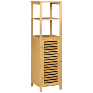 Colonne salle de bain en bambou H.120 cm - porte à lattes, 3 étagères - bambou verni