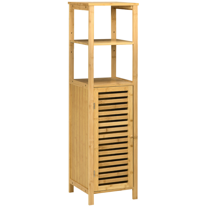 Colonne salle de bain en bambou H.120 cm - porte à lattes, 3 étagères - bambou verni