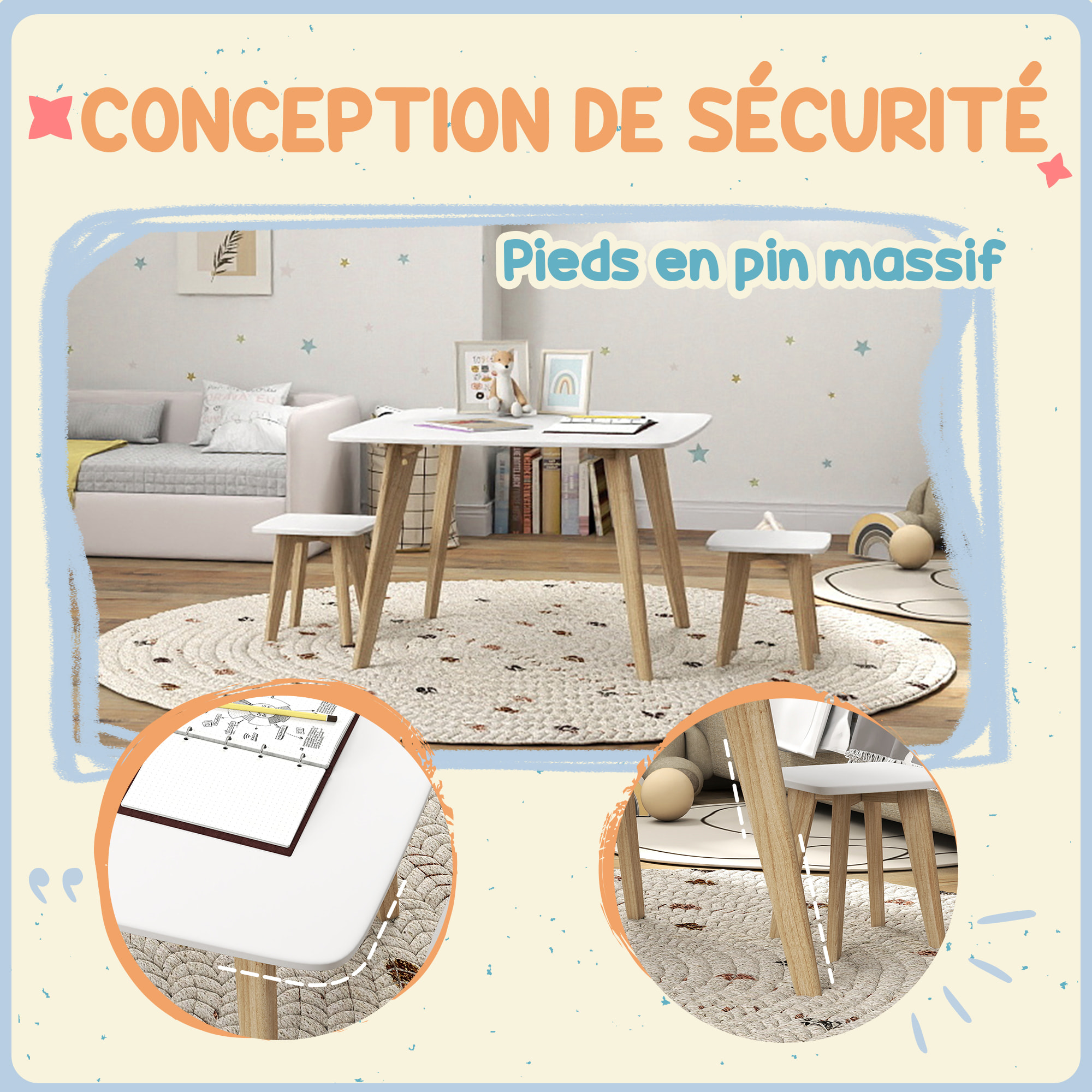 Ensemble table 2 tabourets enfant design scandinave - 3 pièces - piètement effilé bois MDF blanc