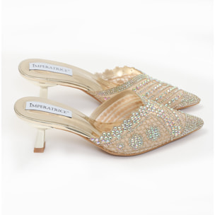 Sandali in simil pelle con tacco a rocchetto e tomaia gioiello