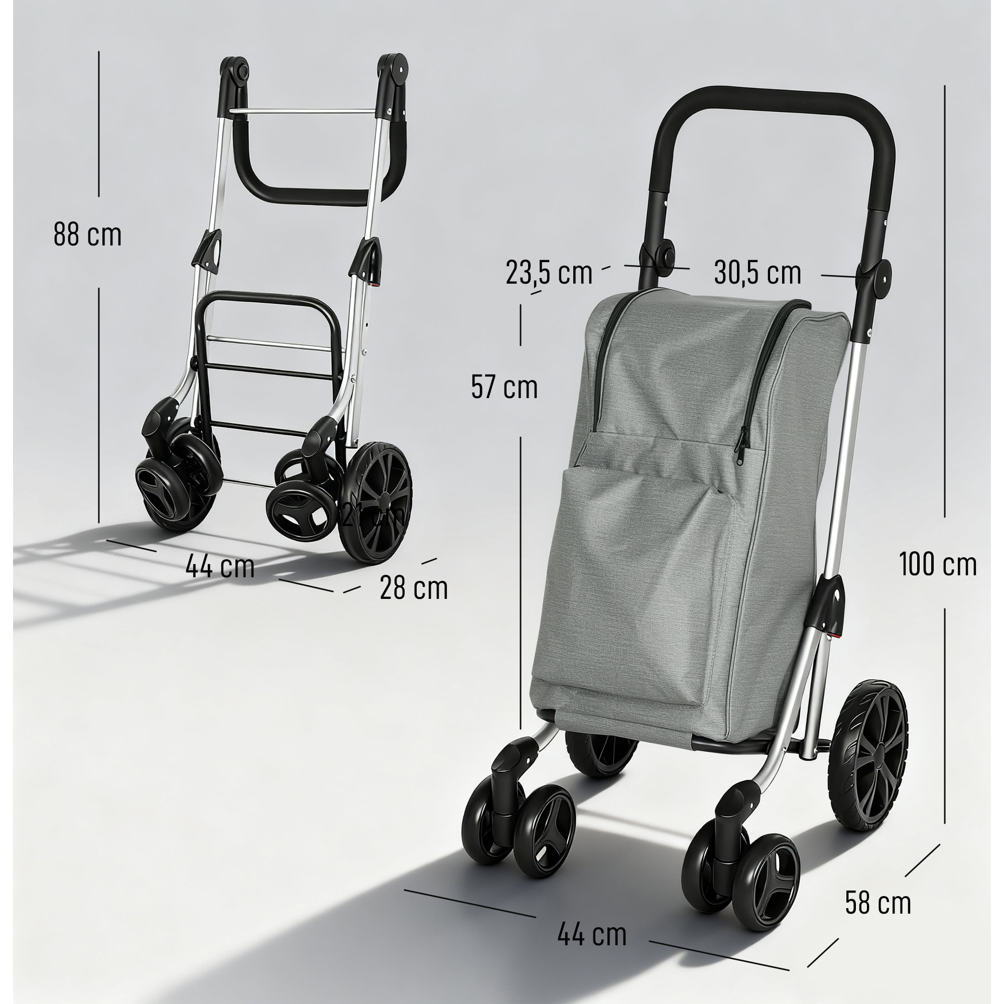 Carrito de Compra Plegable de 46 L de Aluminio con Bolsa Térmica, Carro de la Compra 3 en 1 con 6 Ruedas y Asa Ajustable, para Supermercado, Gris