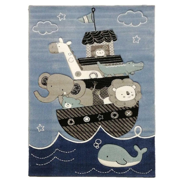 Tapis enfant, animaux sur un bateau aux tons de bleu