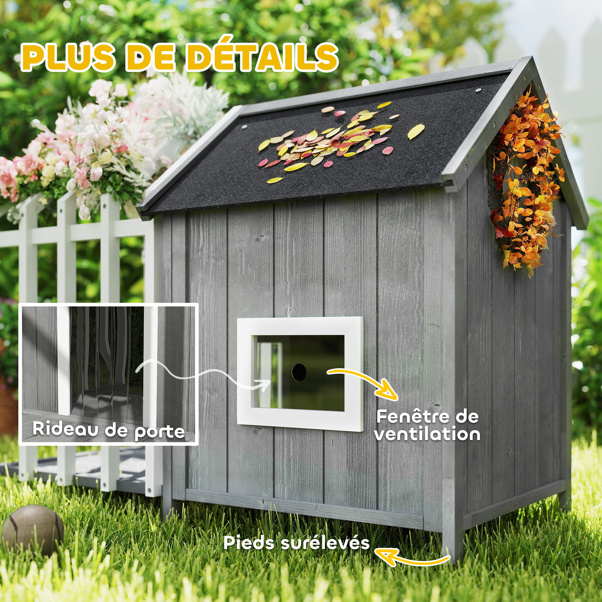 Niche villa pour chien sur pied - terrasse, claustra, auvent, porte, fenêtre, toit bitumé - bois blanc gris