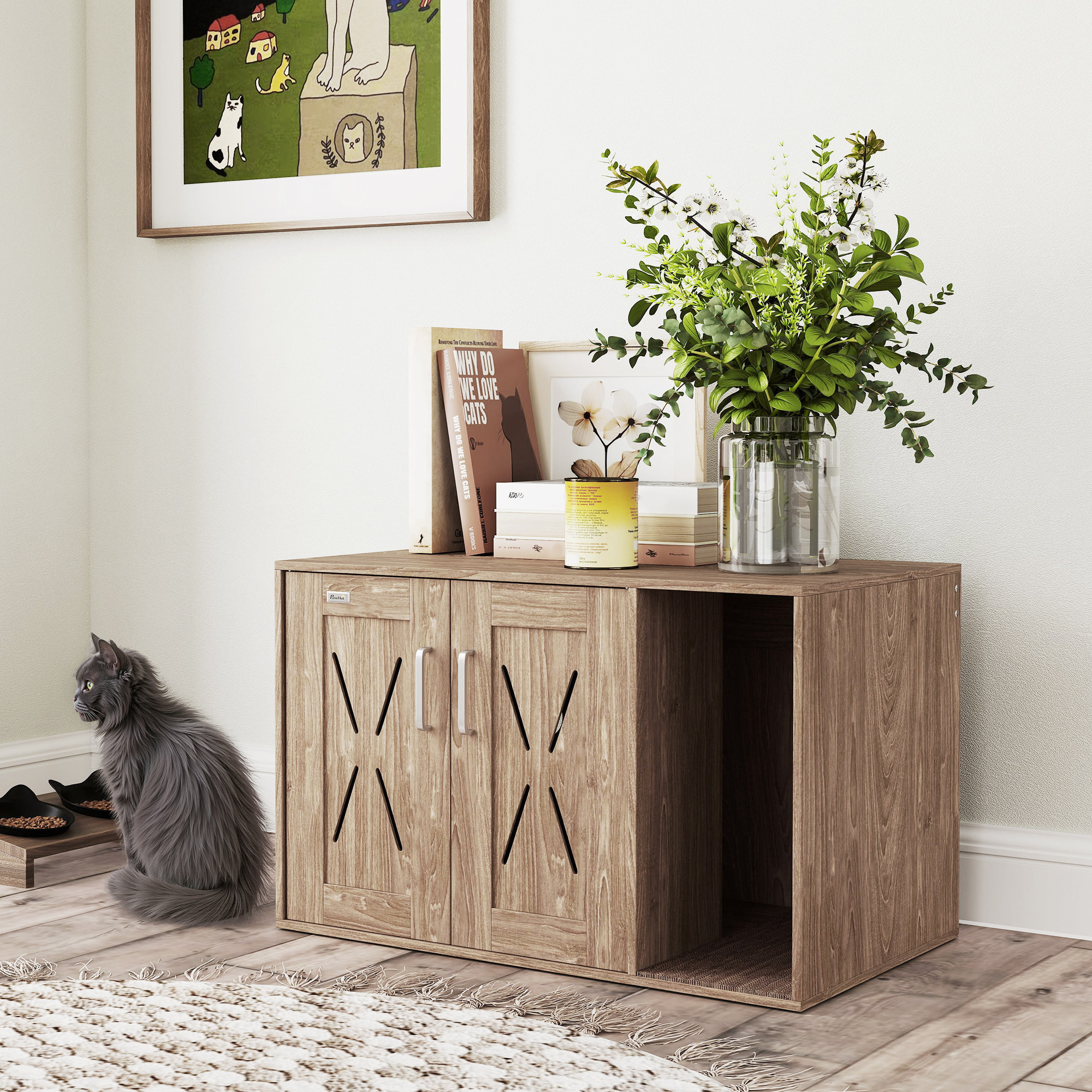 Mueble Arenero para Gatos 3 en 1 Nido Mesa Auxiliar Caja de Arena para Gatos con Puertas Estera para Rascar y Compartimento para Salón Dormitorio 80x48x50,5 cm Marrón