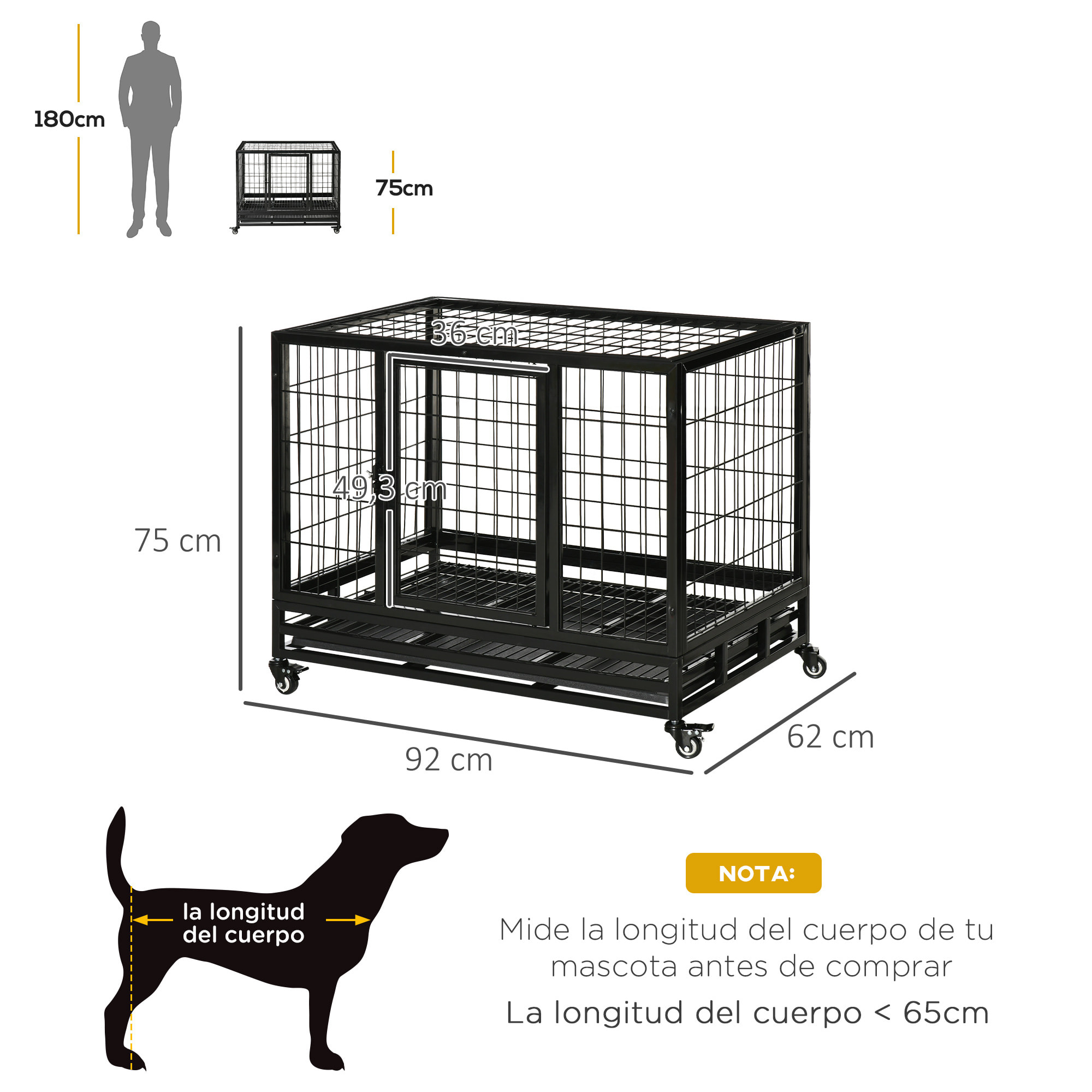 Jaula de Metal para Perros con Ruedas y Frenos Bandeja Extraíble 92x62x75 cm