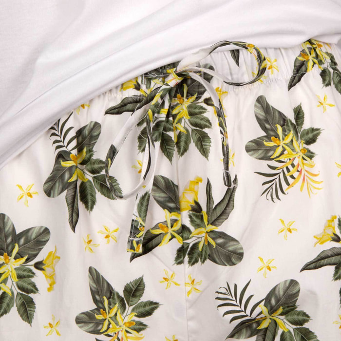 Pigiama leggero DONNA cotone bianco fiori gialli e verdi