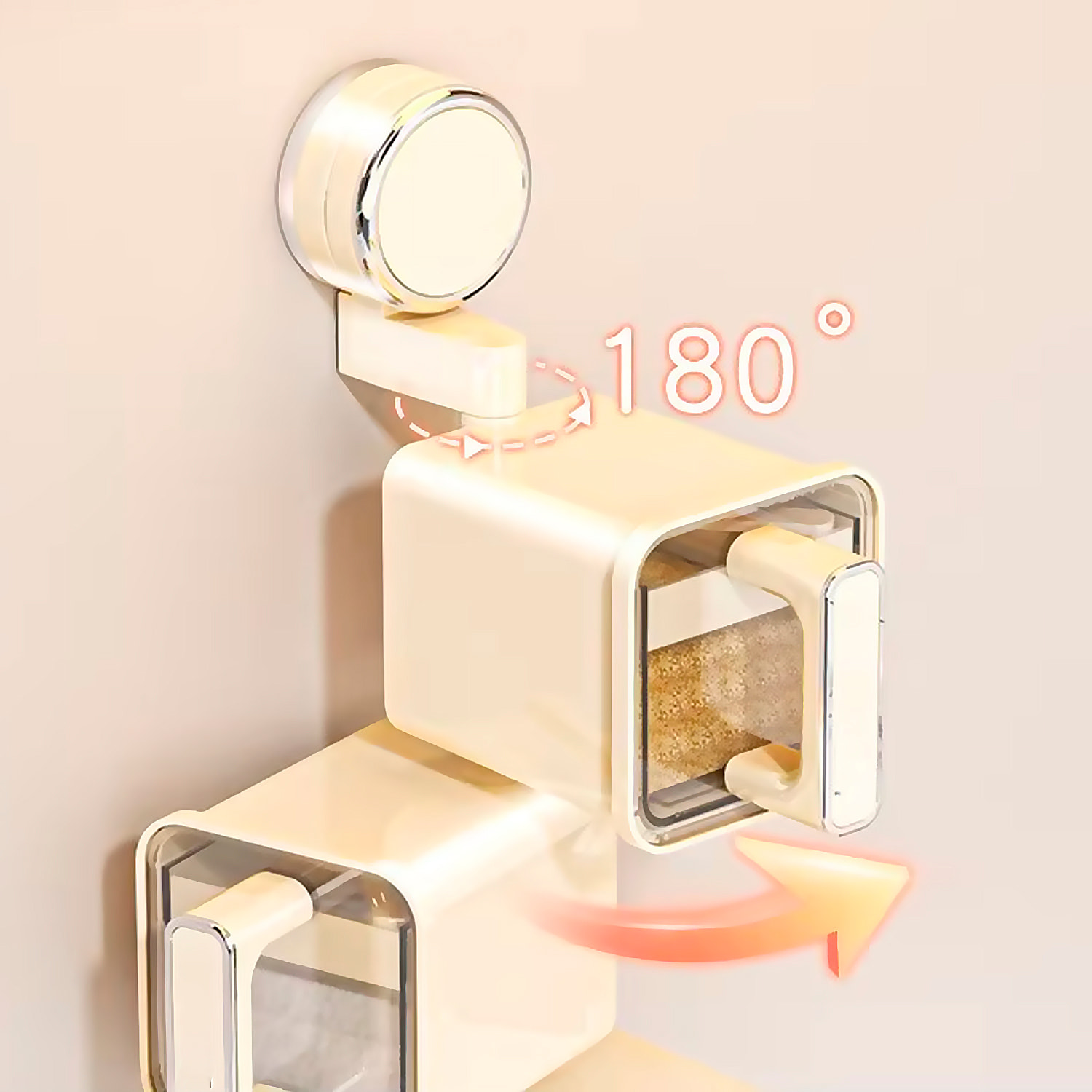 Organizzatore trasparente per spezie da cucina da parete con ventose, maniglie ergonomiche con corpo rotante a 180°, 2 scomparti