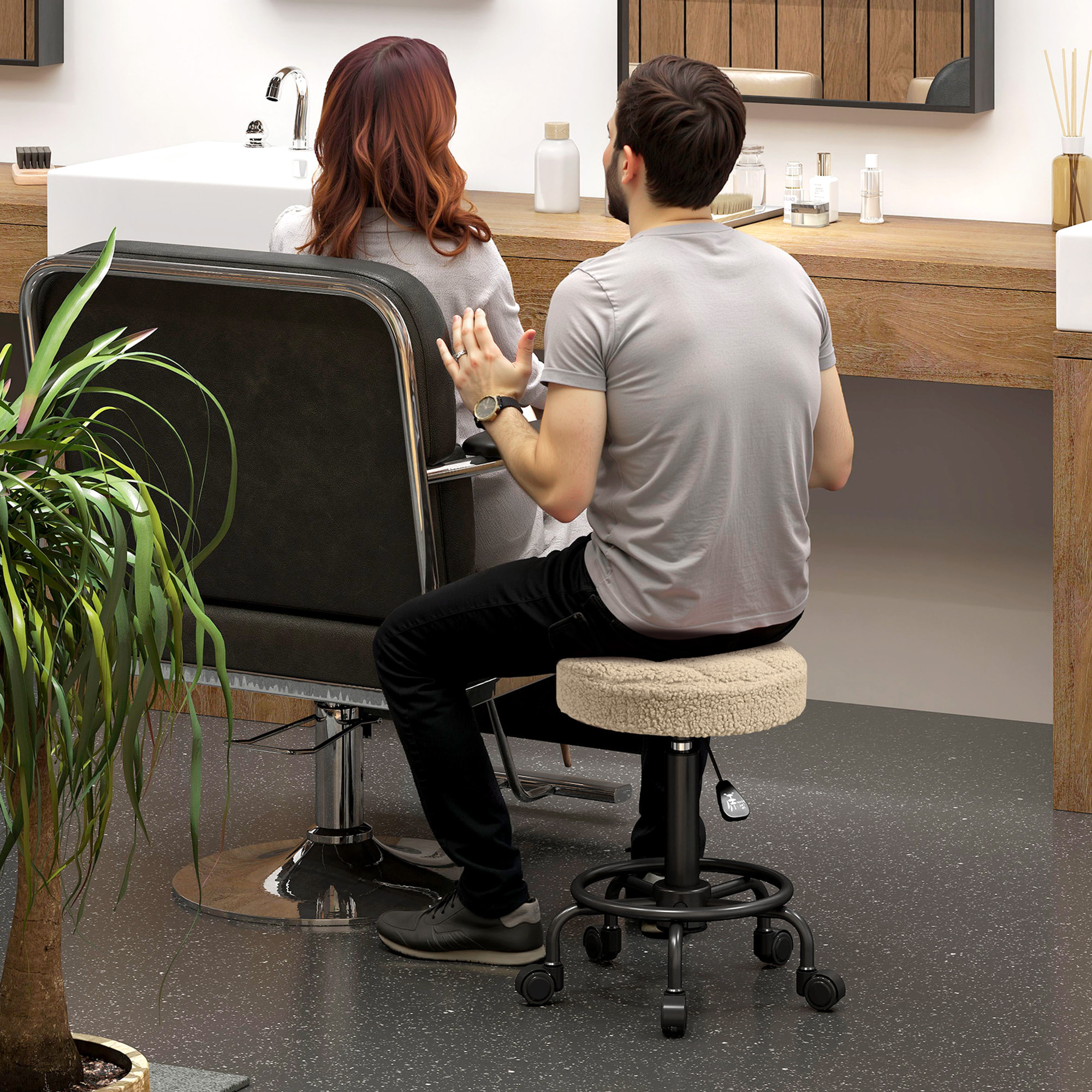 Taburete Giratorio Redondo Taburete con Ruedas Altura Regulable 50-66 cm Asiento Tapizado en Tejido de Borreguito para Salones Talleres Spa Masaje Marrón Claro