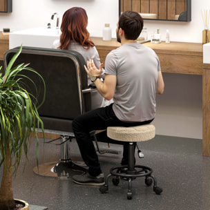 Taburete Giratorio Redondo Taburete con Ruedas Altura Regulable 50-66 cm Asiento Tapizado en Tejido de Borreguito para Salones Talleres Spa Masaje Marrón Claro