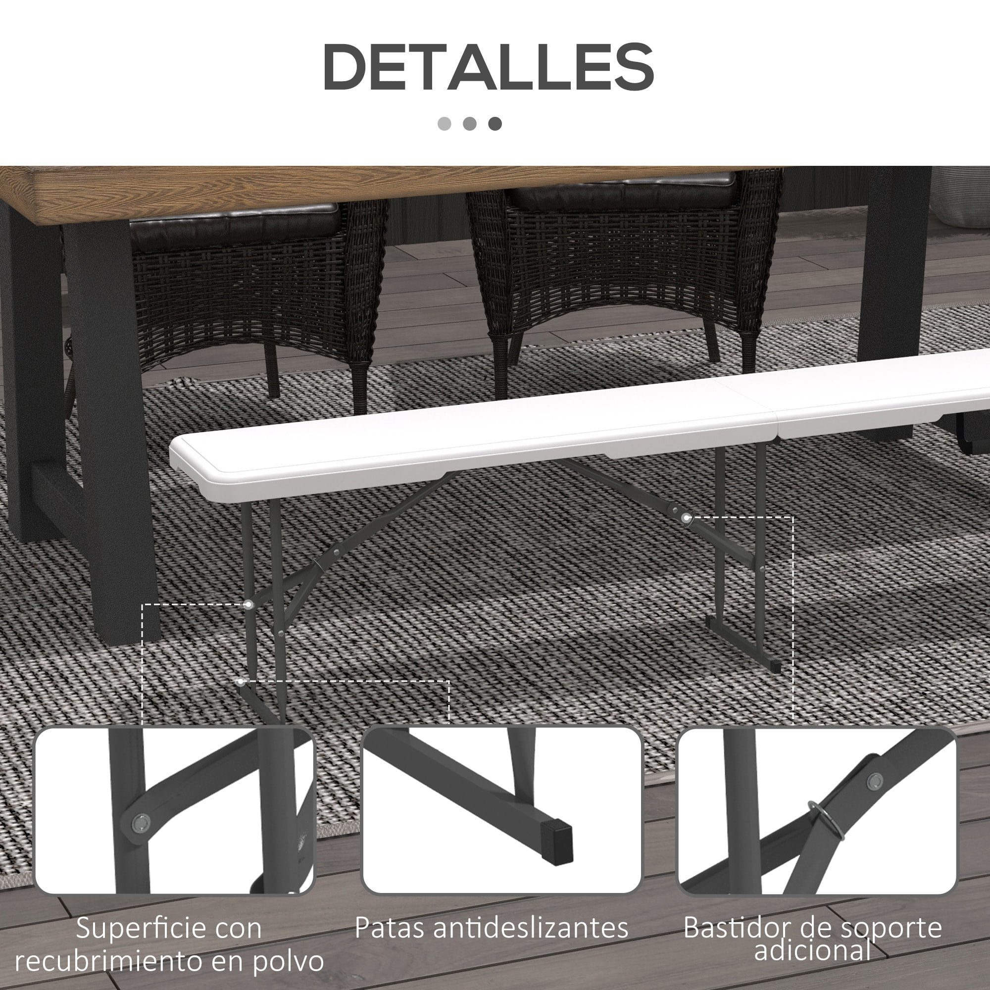 Banco de Jardín Plegable Banco Exterior de 3 Plazas con Marco de Acero Carga 360 kg para Patio Terraza Balcón Camping 183x28x43 cm Blanco