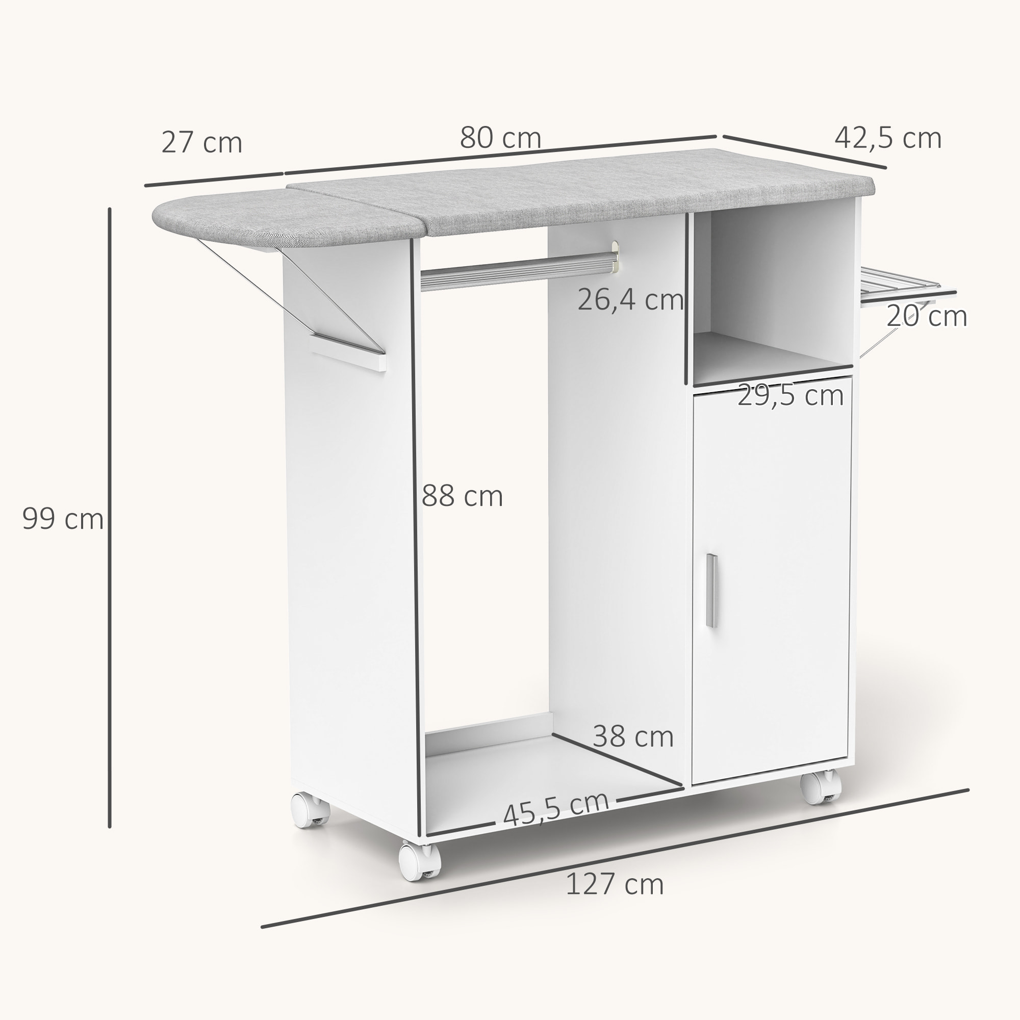Armoire à repasser pliante sur roulettes avec étagère réglable et barre de suspension – 127 x 42,5 x 99 cm – Blanc