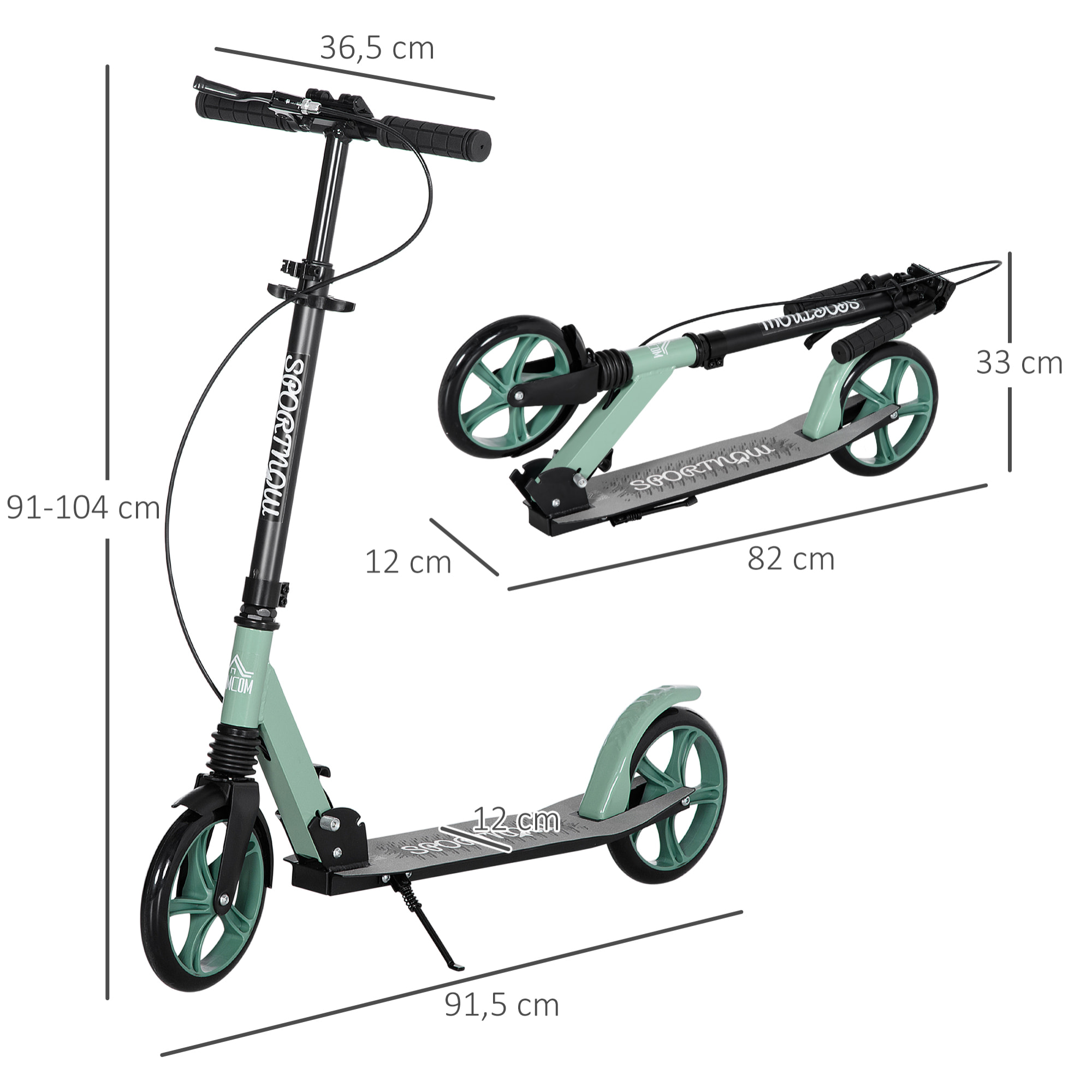 Trottinette pliable adulte béquille double frein amortisseur hauteur guidon réglable roulement PU abec-9 alu. métal vert noir
