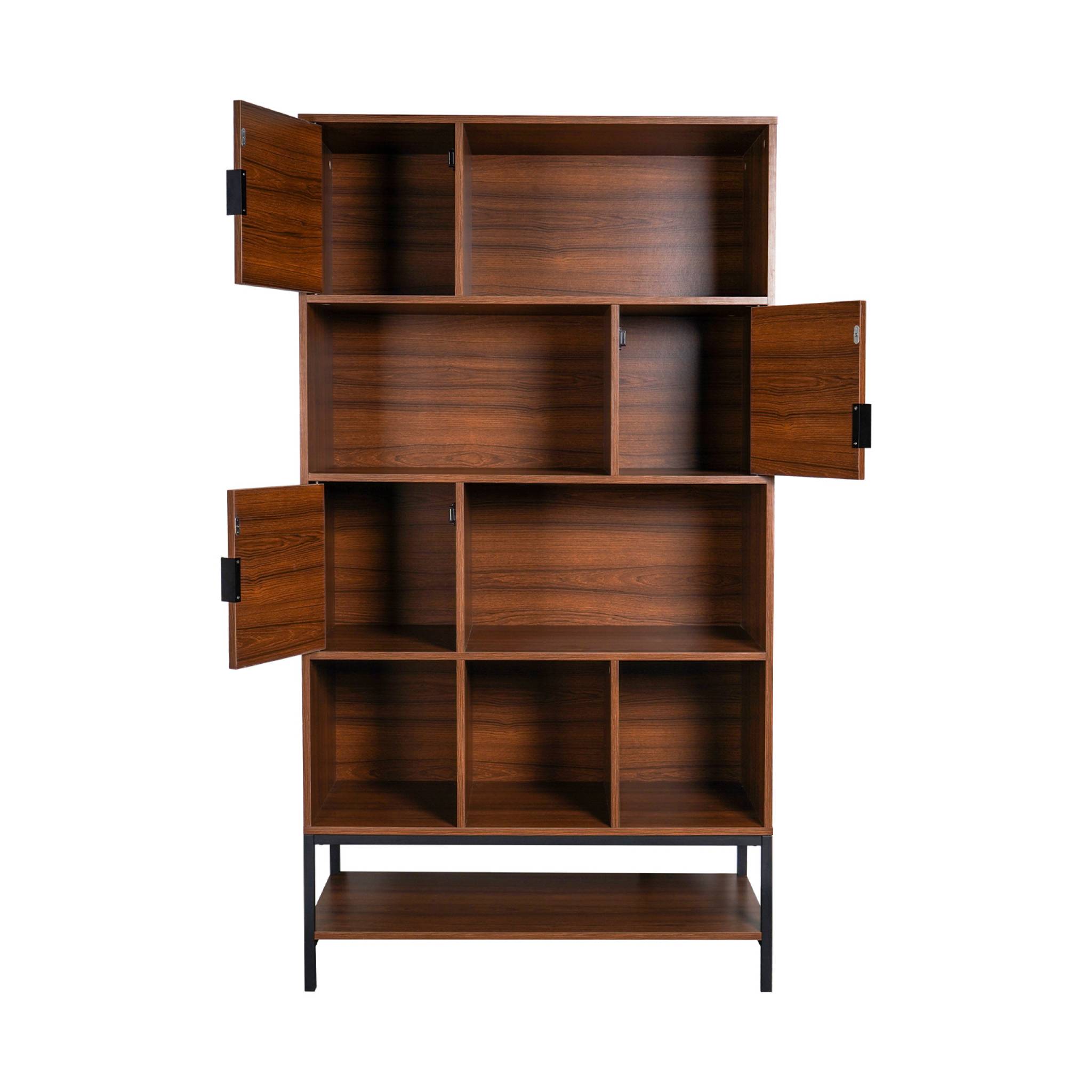 Bibliothèque style vintage en décor noyer et métal noir avec 9 compartiments (3 portes et 5 étagères)