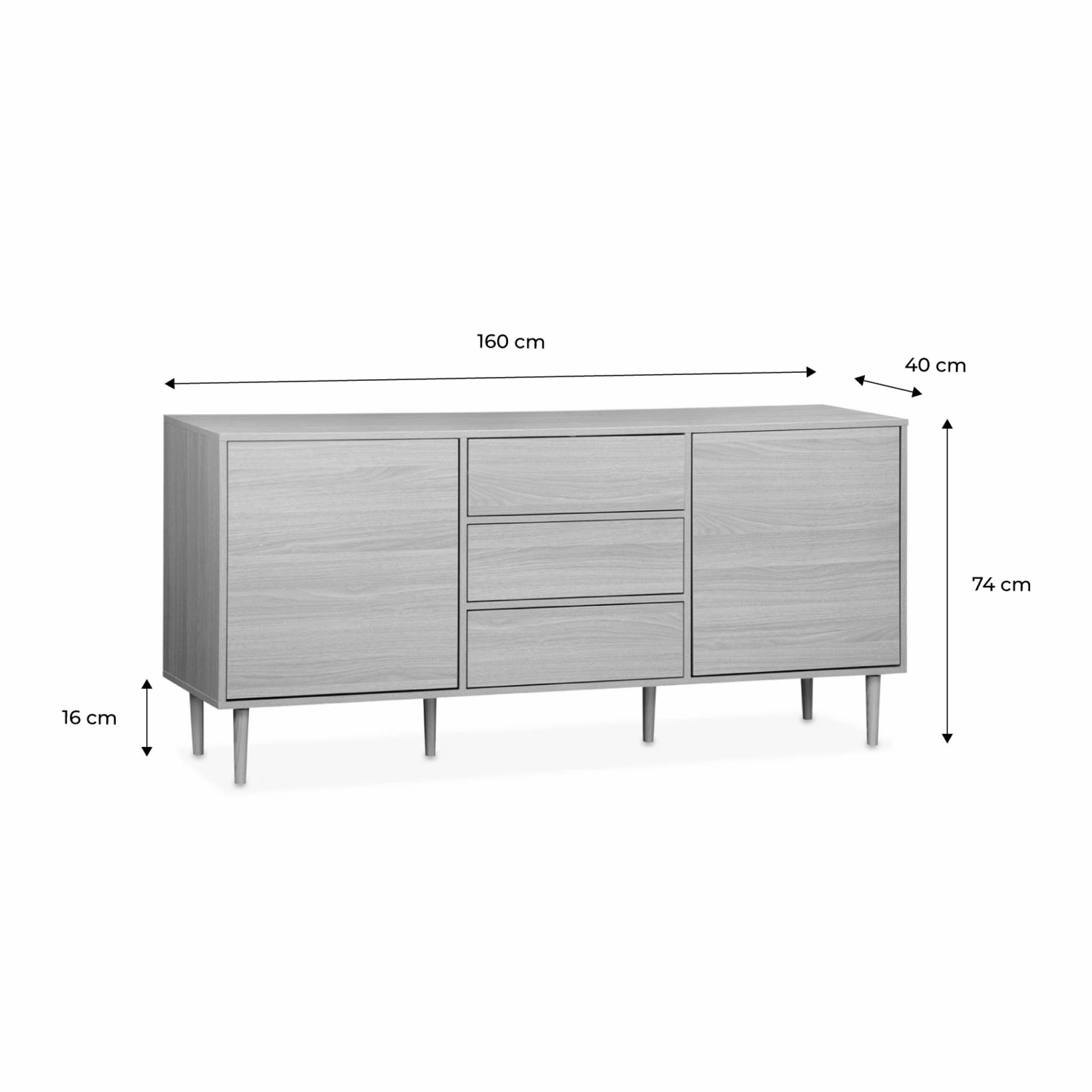 Buffet de rangement décor bois - Mika - 2 niveaux. 2 portes. 3 tiroirs. buffet bas. L 160 x l 40 x H 74cm