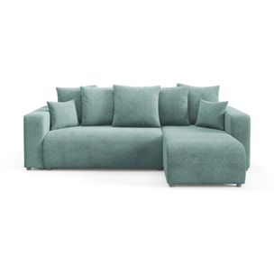 GLORIA - Canapé d'angle droit convertible 4 places en tissu vert d'eau