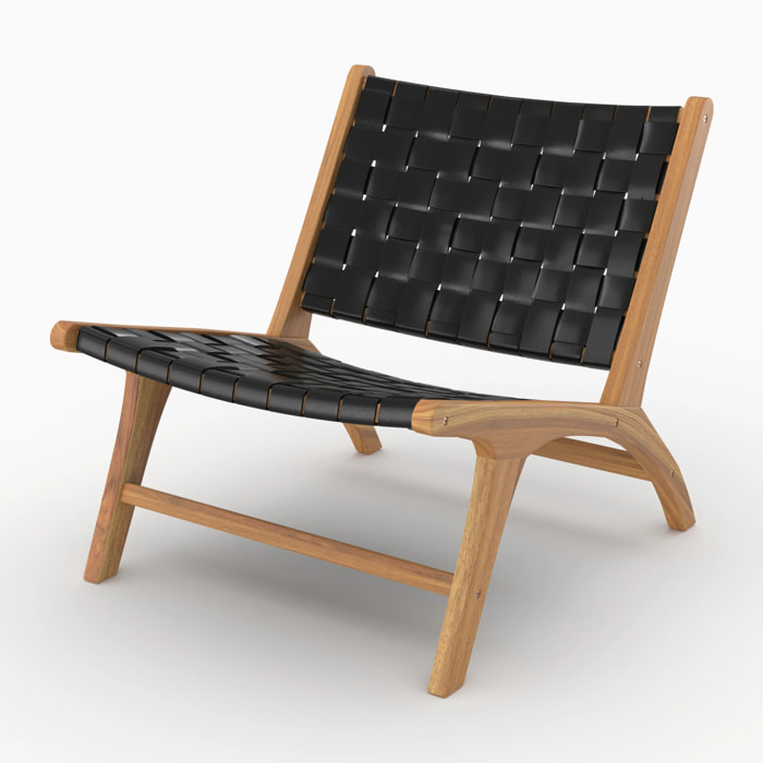Fauteuil en teck et cuir tréssé noir - Kuna