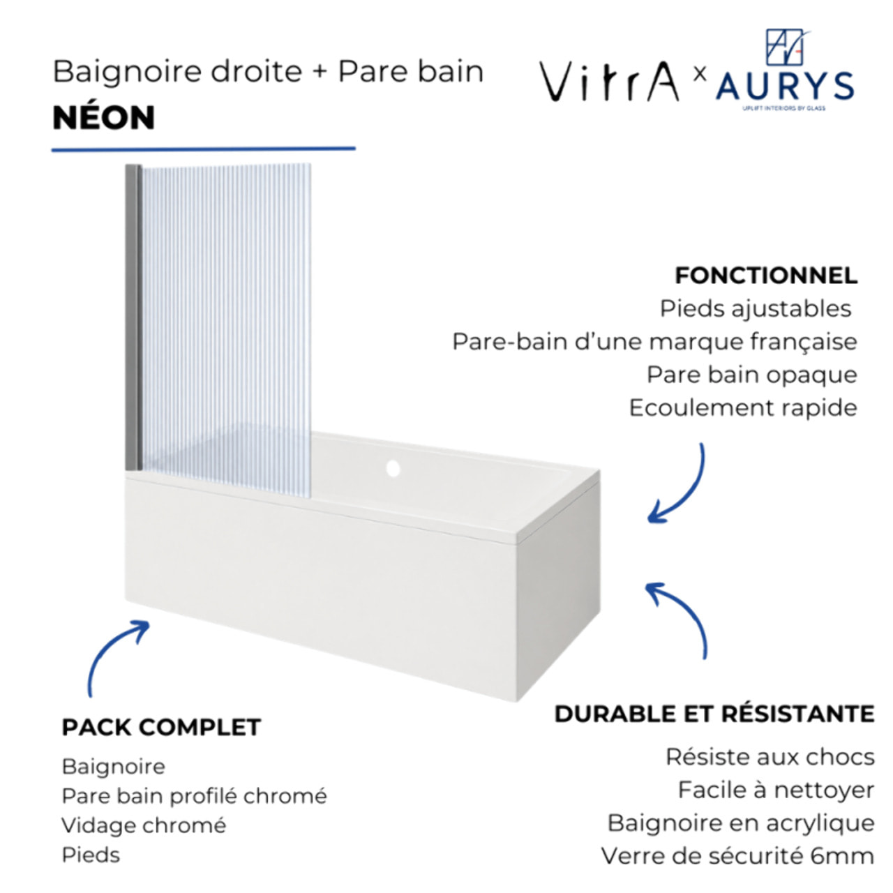 Baignoire rectangulaire Neon 180x80cm + Pare bain droit AURYS Raywall chromé profilé droite