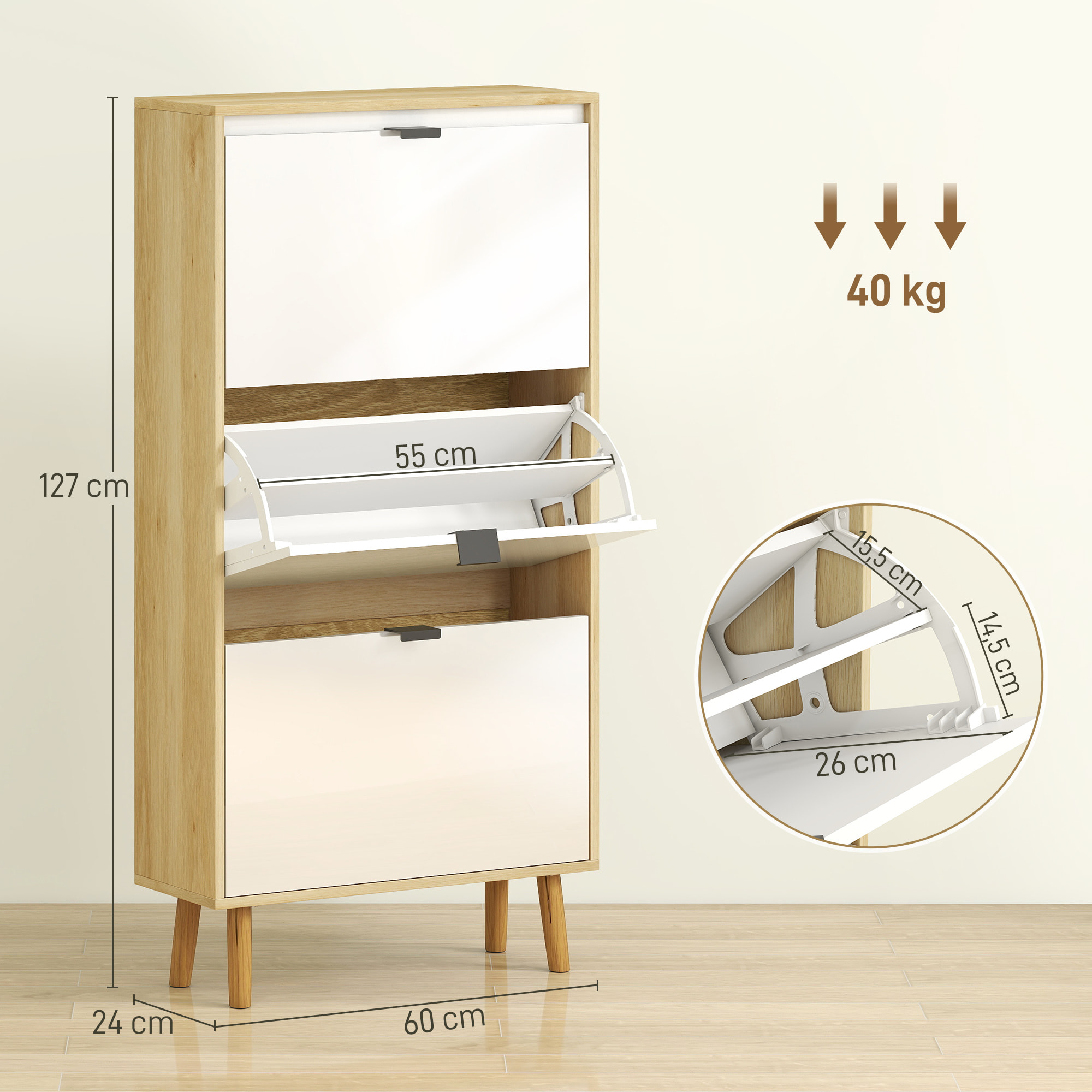 Zapatero Estrecho con 3 Puertas en Blanco Brillo, Zapatero Entrada Recibidor con Estantes Ajustables Patas de Madera, para 18 Pares de Zapatos, 60x24x127 cm Blanco