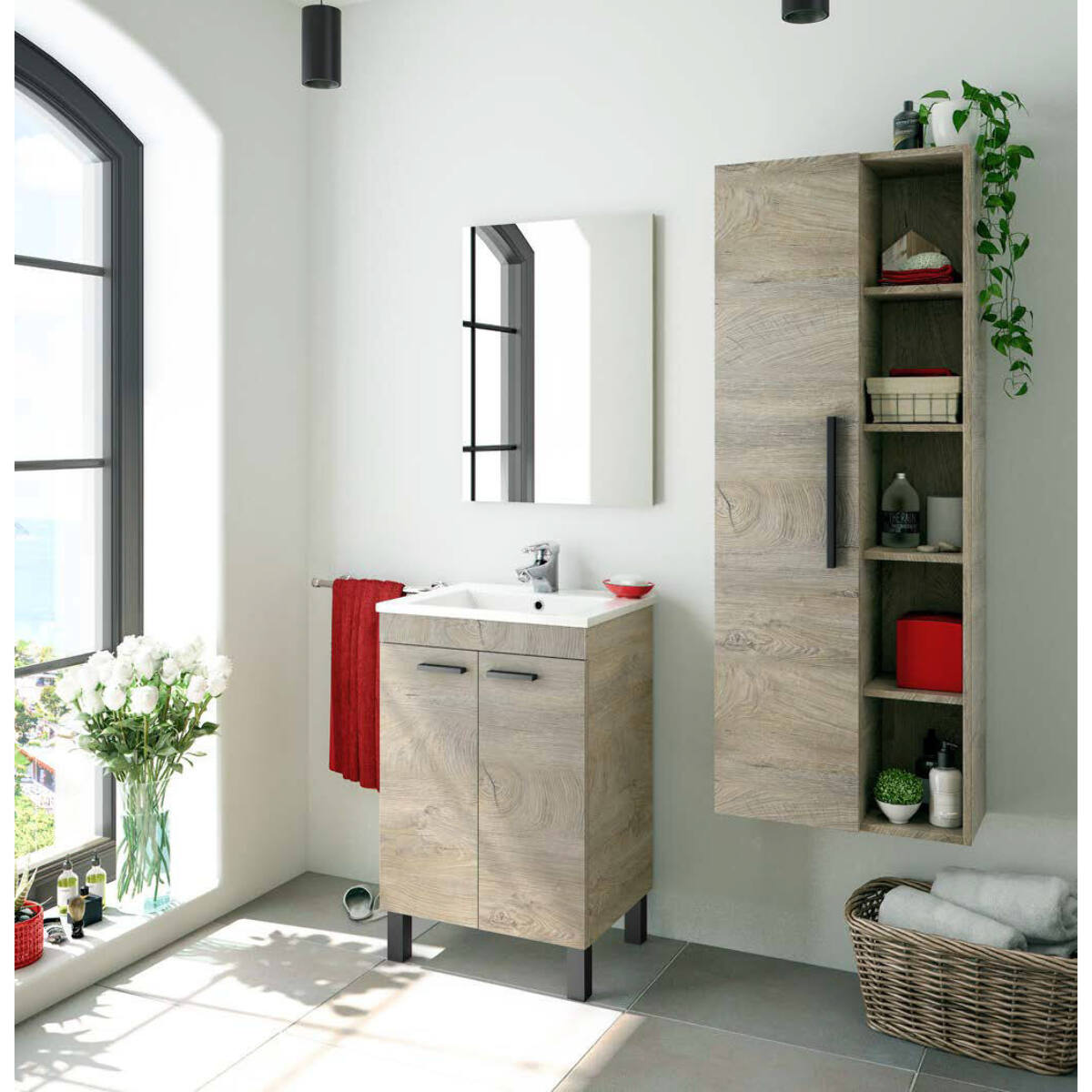 Mobile sottolavabo Almenia, Mobiletto per bagno, Armadio a 2 ante con specchio, lavabo non incluso, 50x40h80 cm, Rovere