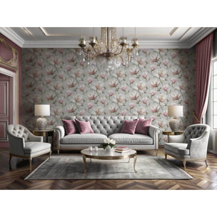 Papier peint magnolia rose et blanc fond gris