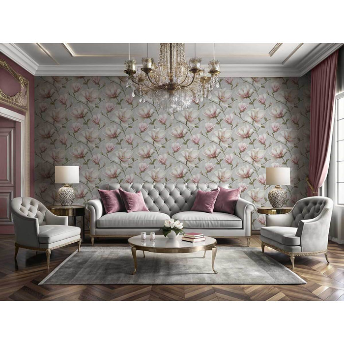 Papier peint magnolia rose et blanc fond gris